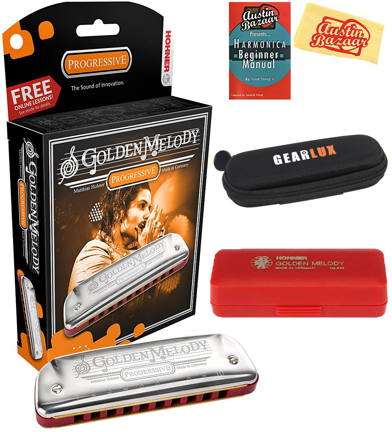 Hohner 544 Golden Melody Harmonica - Key of D w/ Instructional Manual