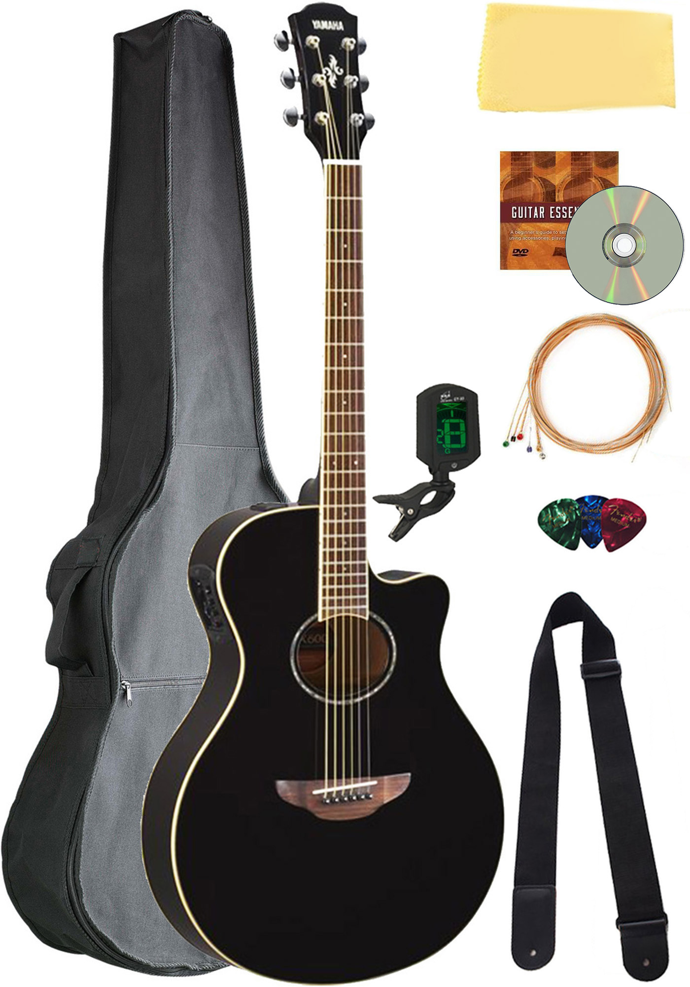 YAMAHA APX600 THIN Body AcousticElectric Guitar Black Bundle w/ Gig